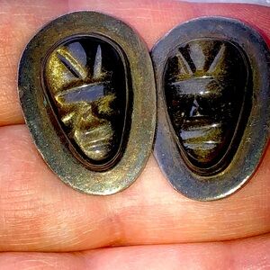 sterling silver Mexico carved face Onyx cuff links